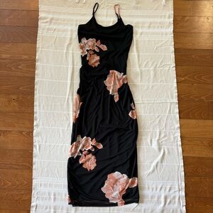 Black Midi Slip Dress with Coral Floral Print